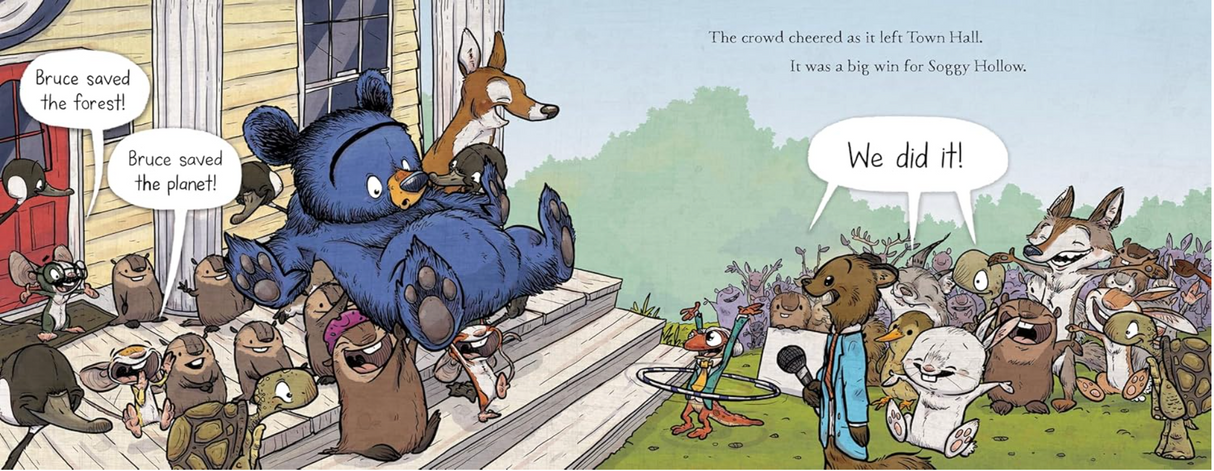 Illustration from Bruce Saves the Planet showing joyful animals celebrating saving the forest and town hall victory.