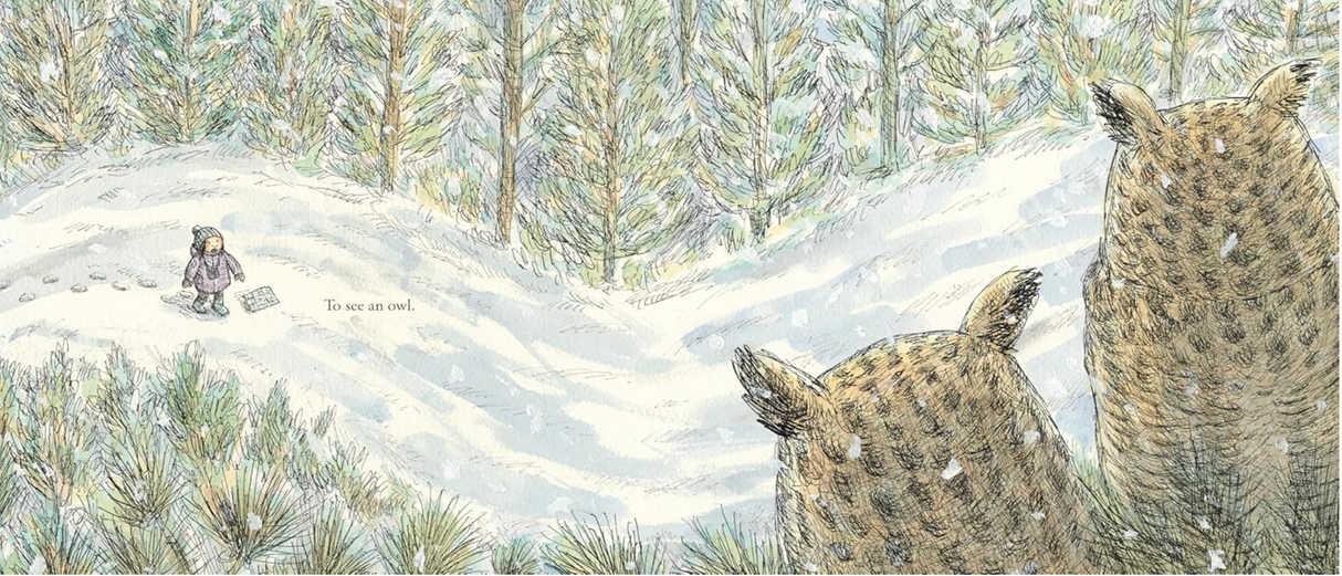 To See An Owl shows a snowy forest scene with a child searching quietly, and an owl watching from the trees above.