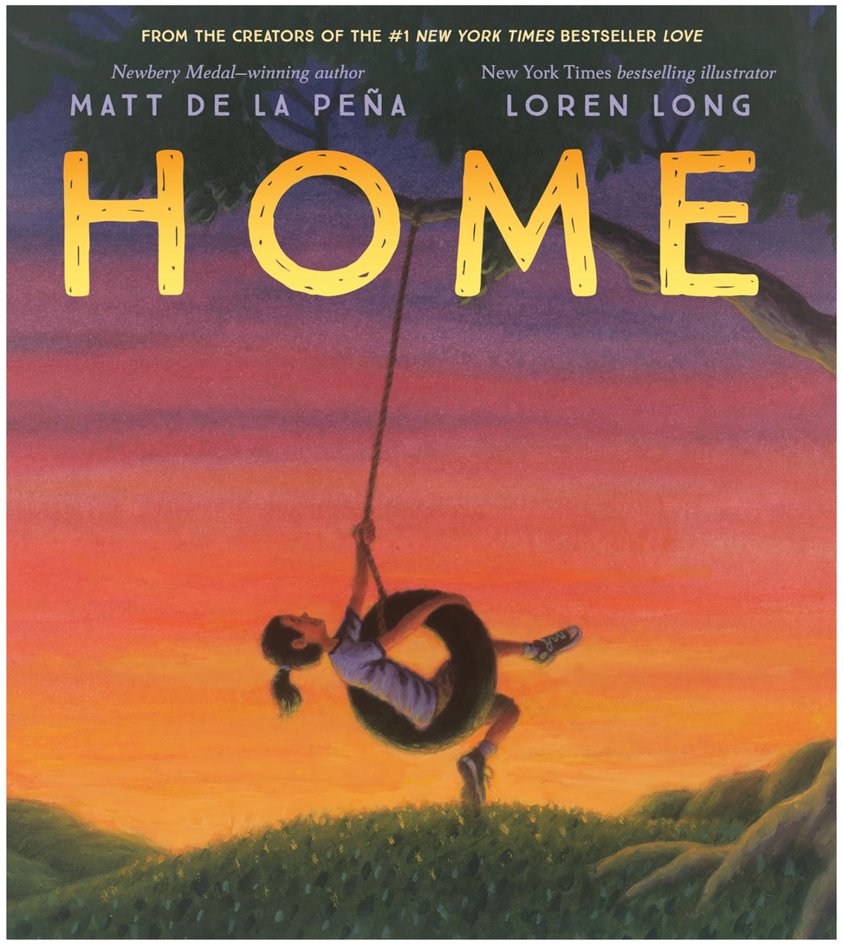 Home book cover shows a child swinging on a tire swing at sunset, capturing the warmth of home.