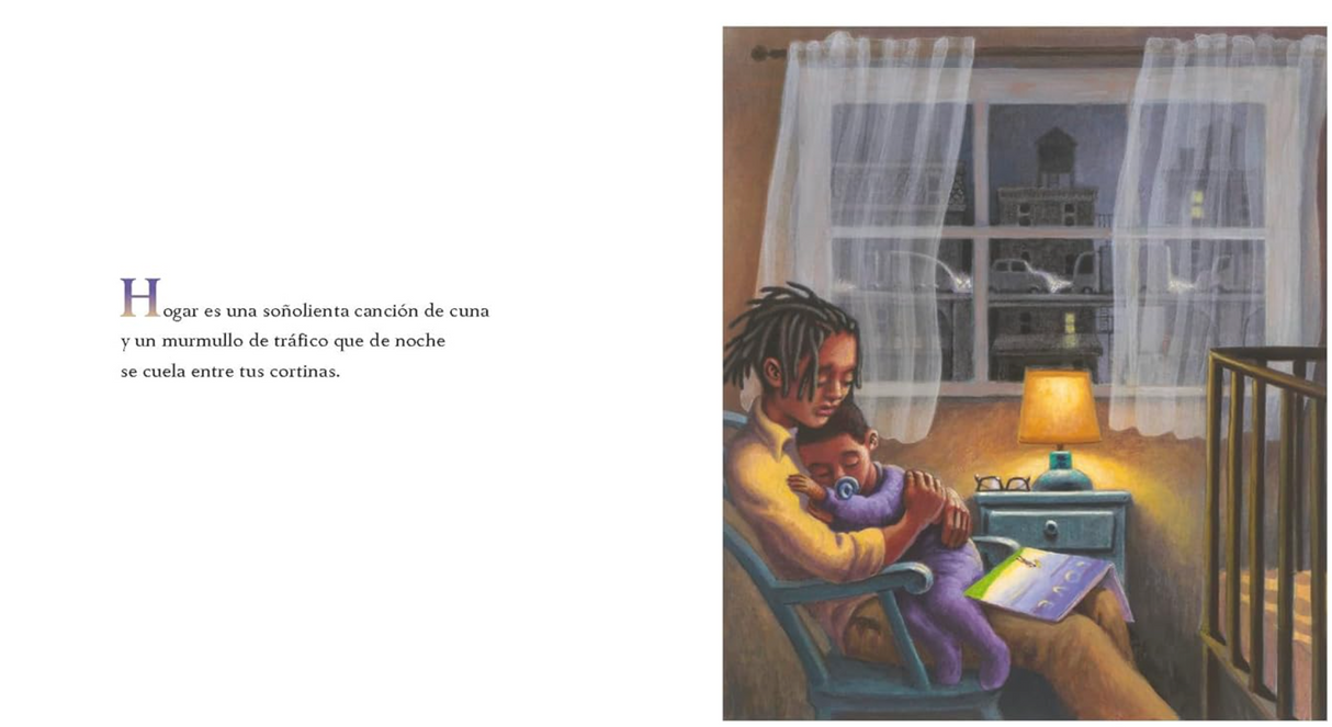 Illustration of a parent reading a bedtime story to a child by a window at night in Hogar (Home Spanish Edition).