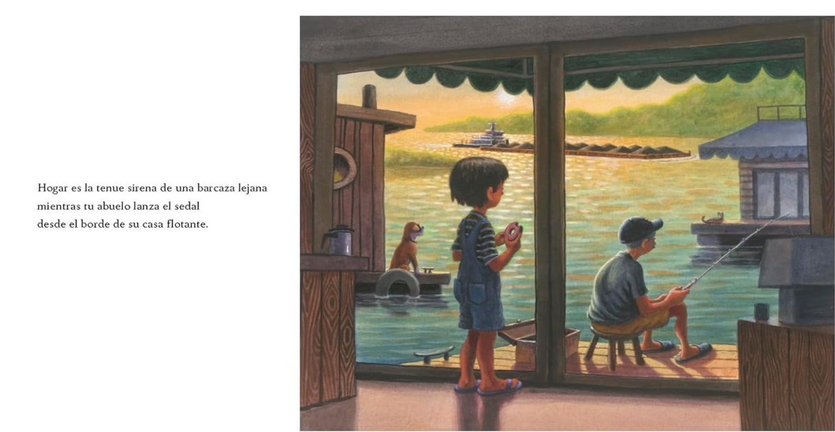 Illustration from Hogar (Home Spanish Edition) showing a boy and his grandfather fishing by a houseboat at sunset.