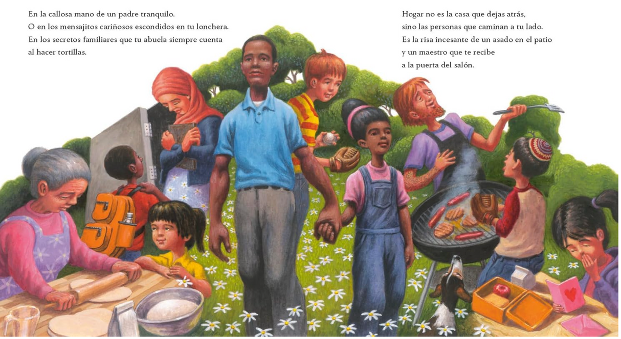 Hogar (Home Spanish Edition) shows diverse family and community members sharing food and moments in a warm outdoor gathering.