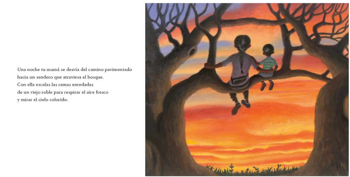 Hogar (Home Spanish Edition) shows a child and adult sitting on a tree branch at sunset, sharing a quiet moment.