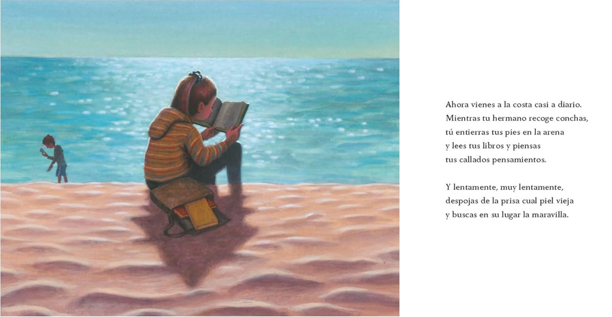 Hogar (Home Spanish Edition) shows a child reading by the beach, embodying calm and wonder.