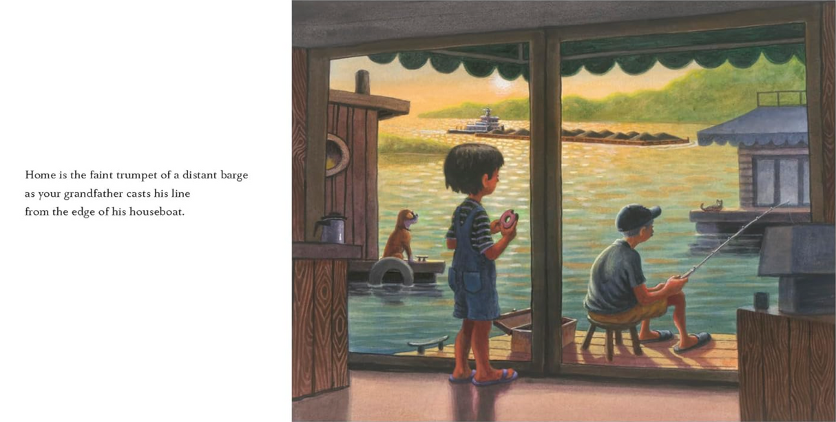 Home product image showing two boys fishing by a houseboat at sunset, capturing a peaceful, nostalgic moment.