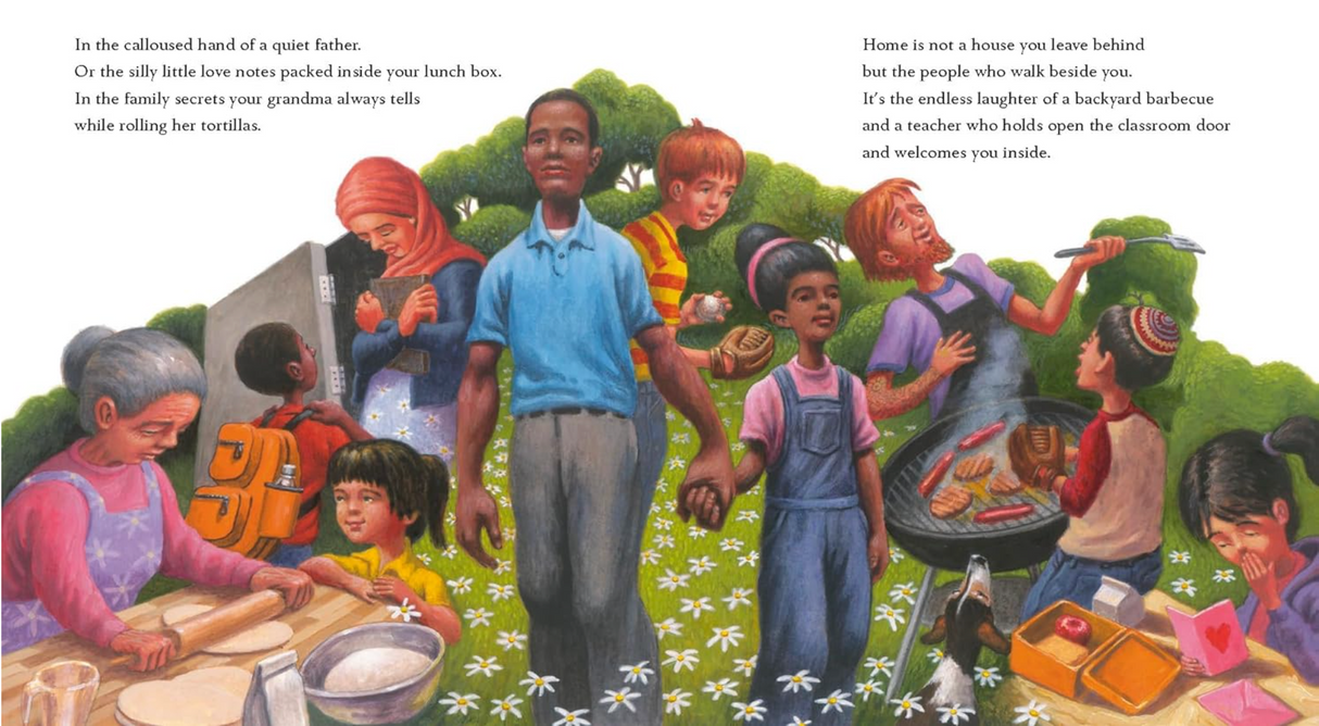 Illustration of diverse family and community sharing moments together, capturing warmth in the product Home.