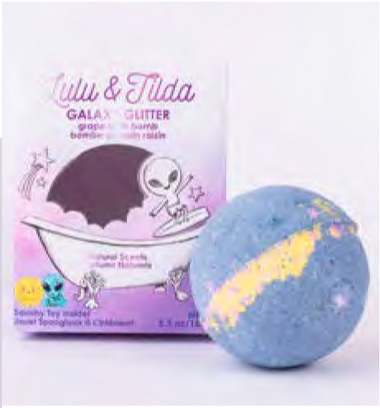 Bath Bomb | Galaxy Glitter showing blue fizzy ball with yellow stripe and purple packaging featuring an alien and space theme.