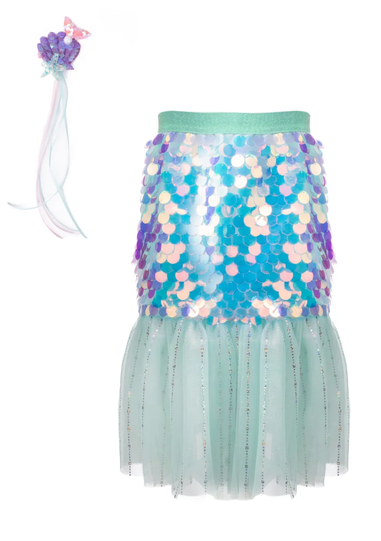 Bling Bling Mermaid Skirt & Hairclip Mint features shimmering sequins skirt with teal tulle and matching shell hairclip for kids 4-6.