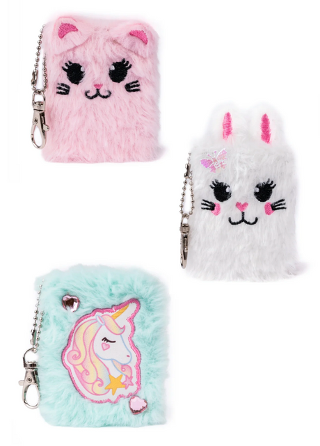 Mini Furry Friends Keychain Journal set with pink kitty, white bunny, and light blue unicorn soft furry covers.