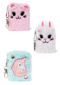 Mini Furry Friends Keychain Journal set with pink kitty, white bunny, and light blue unicorn soft furry covers.