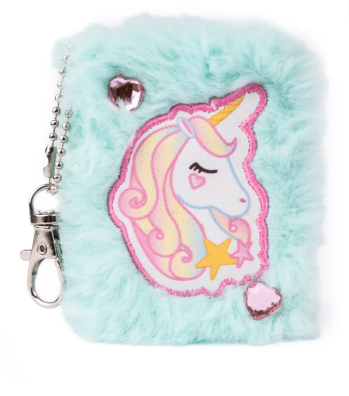 Mini Furry Friends Keychain Journal with light blue furry cover and unicorn design, perfect for notes on the go.
