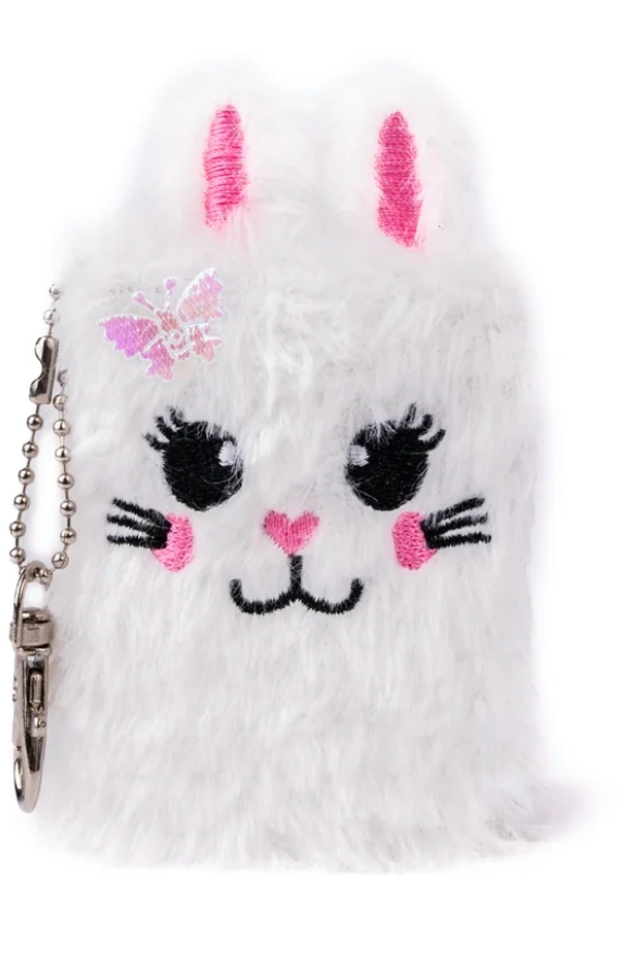 Mini Furry Friends Keychain Journal with soft white furry cover, pink bunny ears, and attached silver keychain clip.