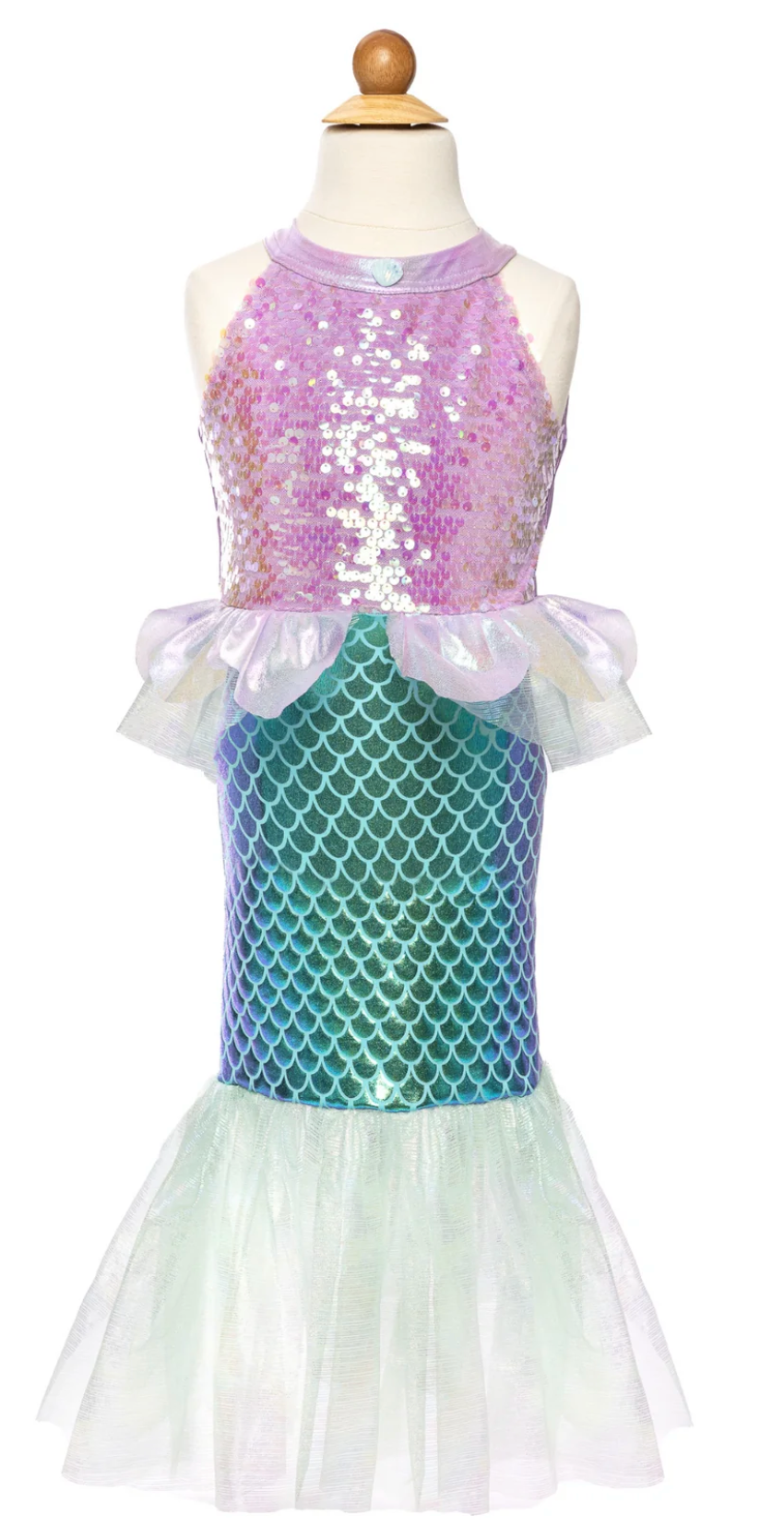 Misty Mermaid Dress with purple sequin top, sea-shell trim, teal scale print skirt, and flowing tulle mermaid tail for kids.
