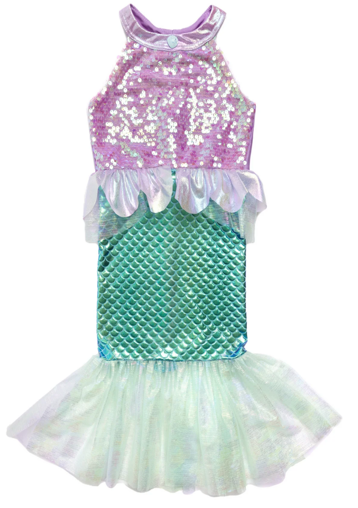Misty Mermaid Dress featuring a purple sequin top, metallic teal scale skirt, and flowing tulle mermaid tail.