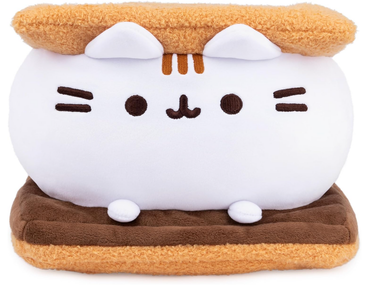 Pusheen S'moresheen Squisheen plush features 12” soft cat as marshmallow with chocolate and graham crackers.