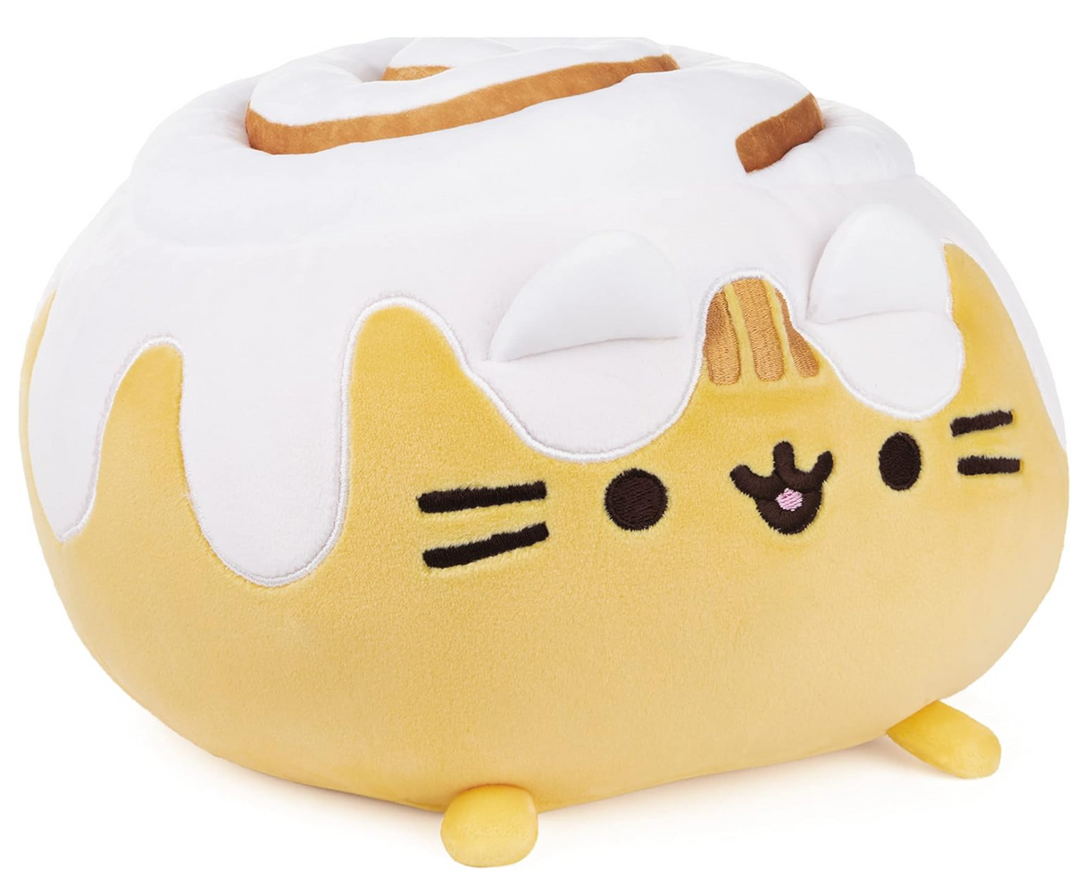 Pusheen Squisheen CinnamonRoll plush toy with soft yellow and brown swirls and white icing, extra squishy and cuddly.