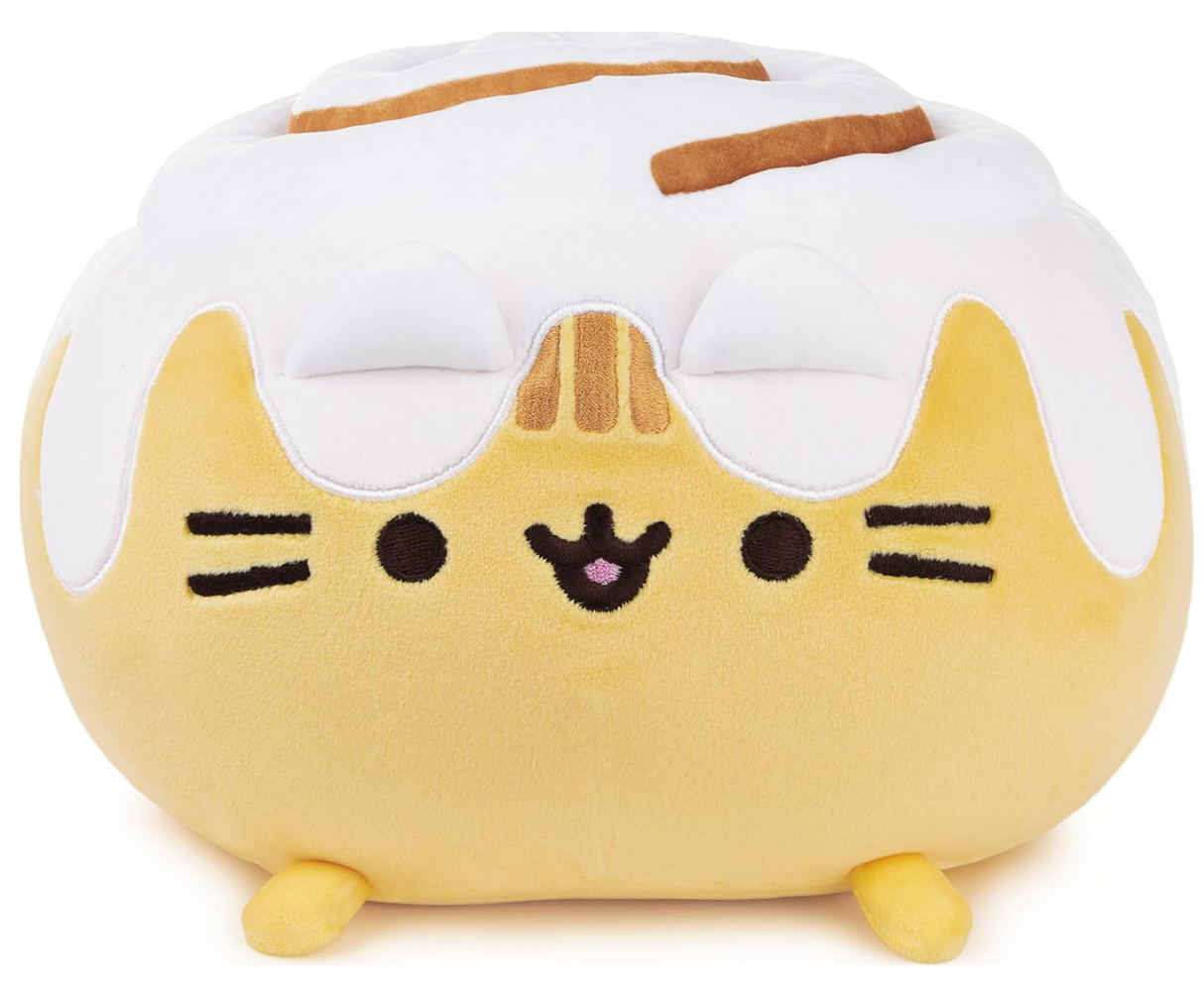 Pusheen Squisheen CinnamonRoll plush with yellow and brown swirls and soft white icing, super squishy and cuddly toy.