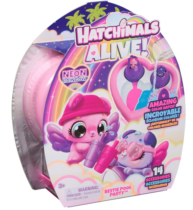 Hatchimals Alive Neon Rainbow Bestie Pool Party with colorful eggs, 2 Hatchimals, pool, and 14 accessories for kids.
