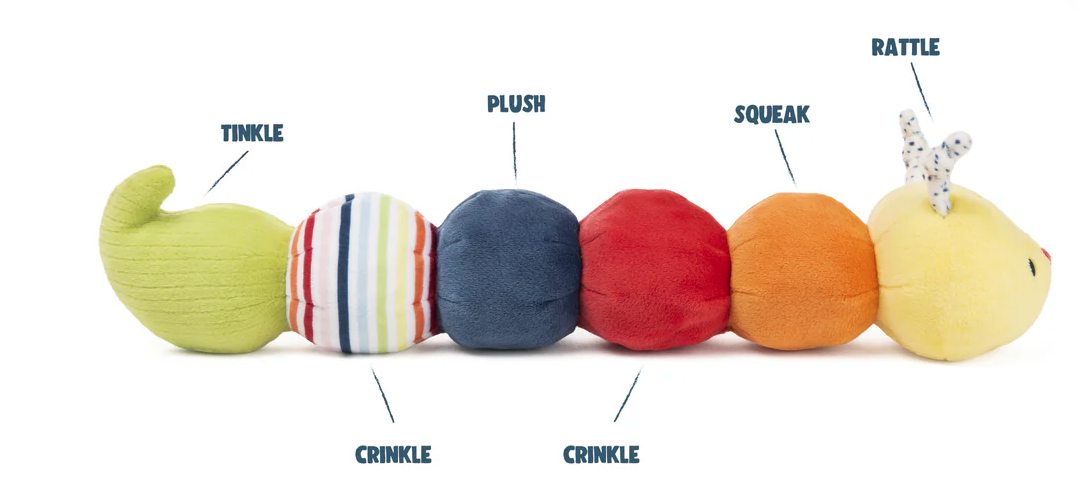 Tinkle Crinkle Caterpillar toy with colorful textured sections featuring tinkle, crinkle, plush, squeak, and rattle elements for sensory play.