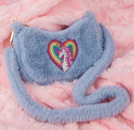 Rainbow Cuddle Purse | Periwinkle soft furry crossbody purse with pink unicorn and rainbow heart design for kids.