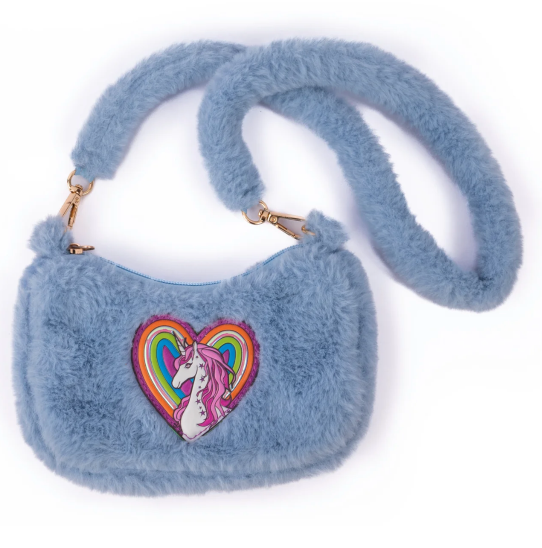 Rainbow Cuddle Purse | Periwinkle features soft furry fabric with a unicorn rainbow heart and a cozy crossbody strap.