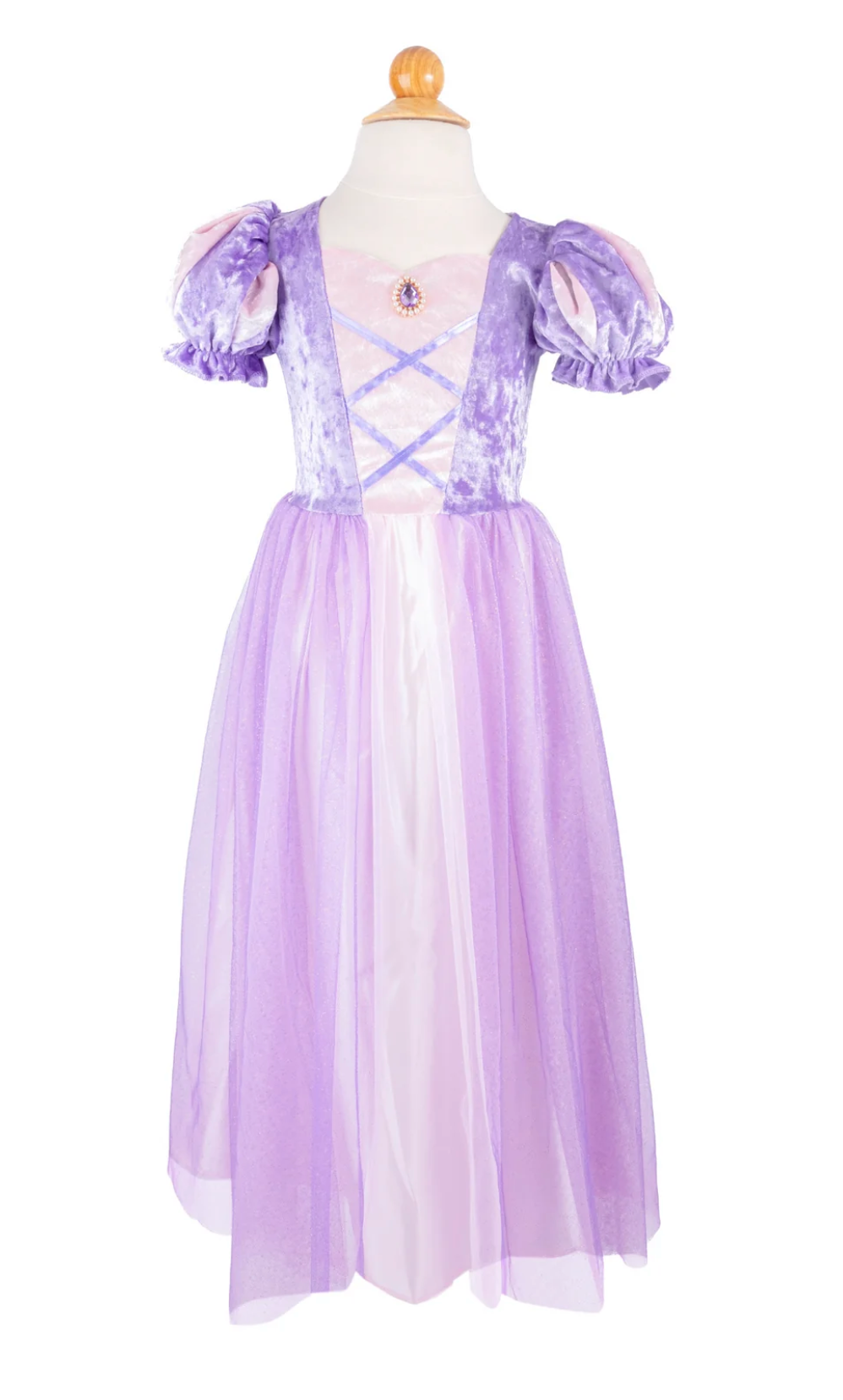 Once Upon a Tower Princess Dress with purple crushed velvet top, puffed sleeves, sparkling gem, and tulle full-length skirt.