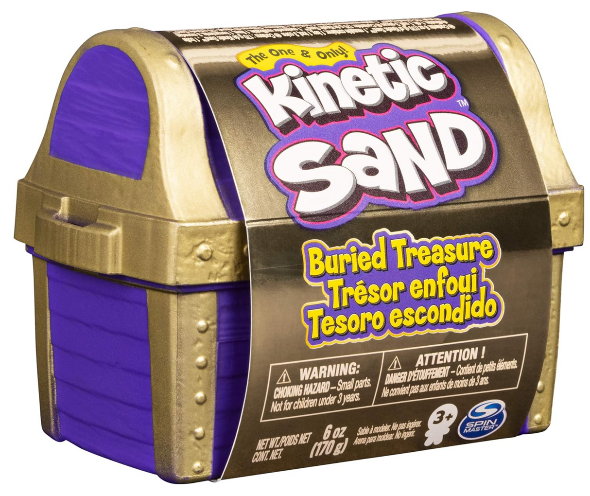 Kinetic Sand Buried Treasure kit in a treasure chest container with colorful branding and safety warnings.