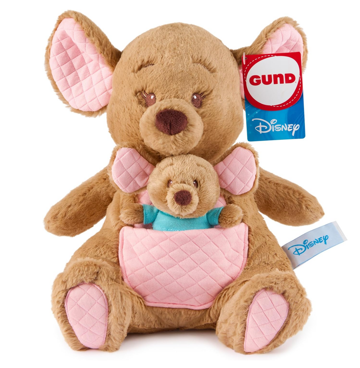 Oh So Snuggly Kanga & Roo plush features soft cocoa fur with quilted pink cotton accents, perfect for cuddling.