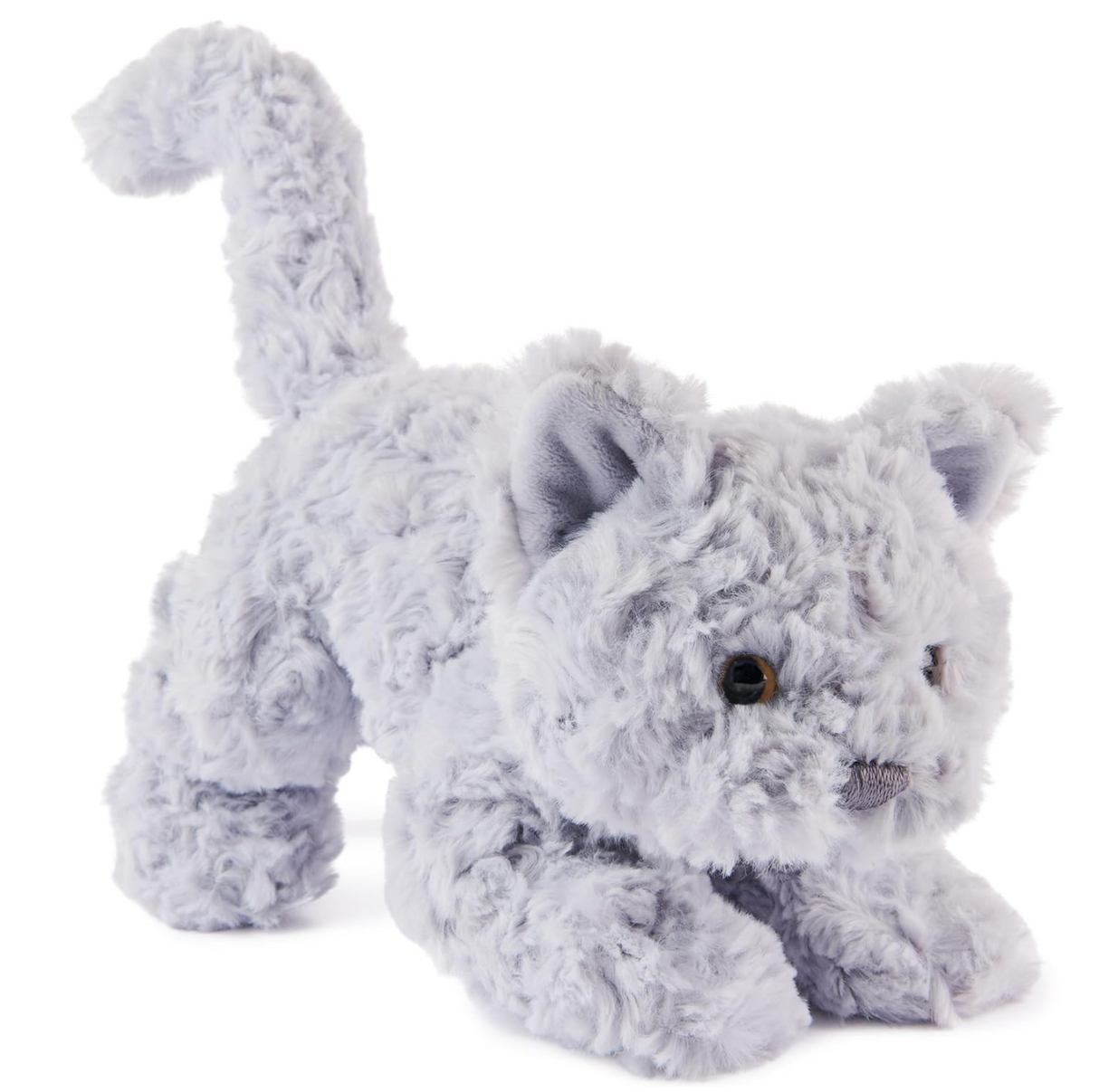 Bootsie English Blue Kitten plush toy with soft gray fur, golden-amber eyes, and a playful pounce-ready pose.