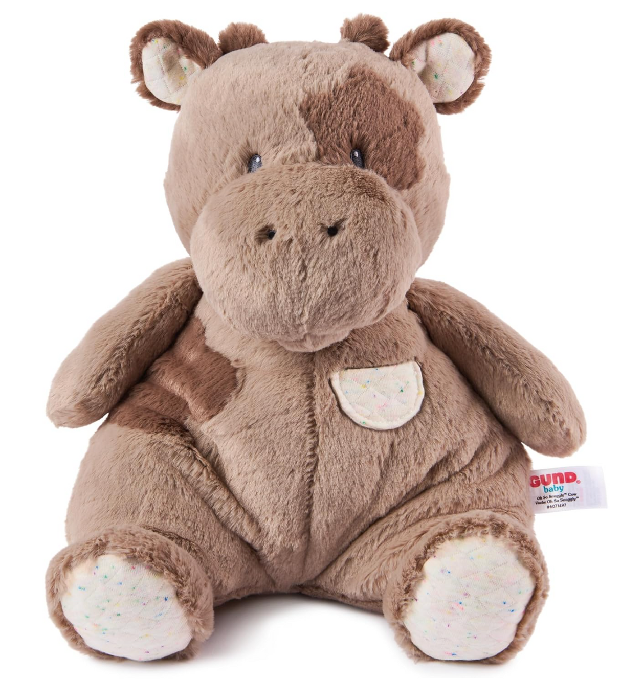Oh So Snuggly Cow plush toy in soft mocha shades with embroidered details and quilted accents for all ages.