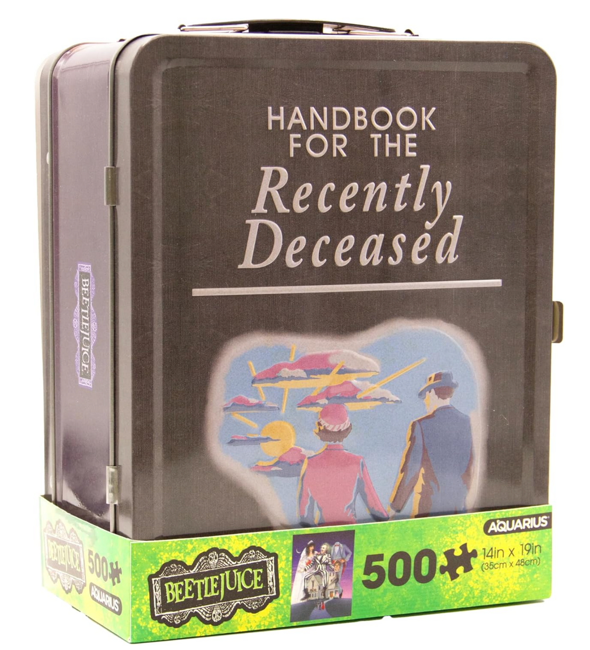 500pc Beetlejuice Puzzle featuring the Handbook for the Recently Deceased tin with 500 pieces and 14 x 19 inch size.