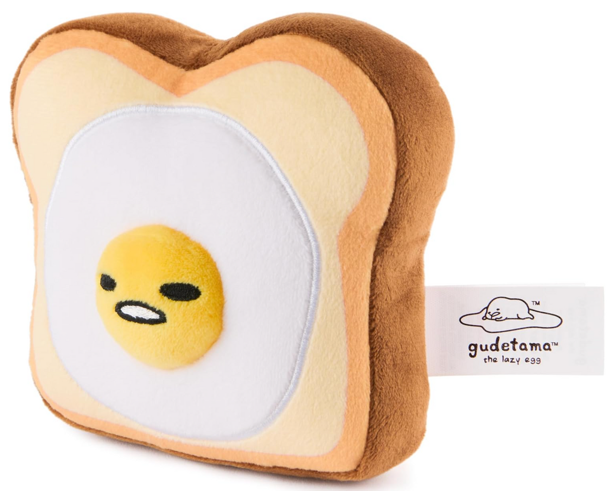 Gudetama Egg Toast plush featuring lazy egg on a slice of toast, soft and squishy kawaii collectible plush toy.