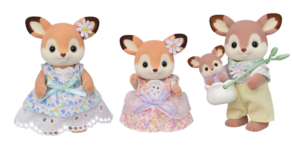 Deer Family set with father, mother, girl, and baby in pastel floral outfits with big ears and flower patterns.