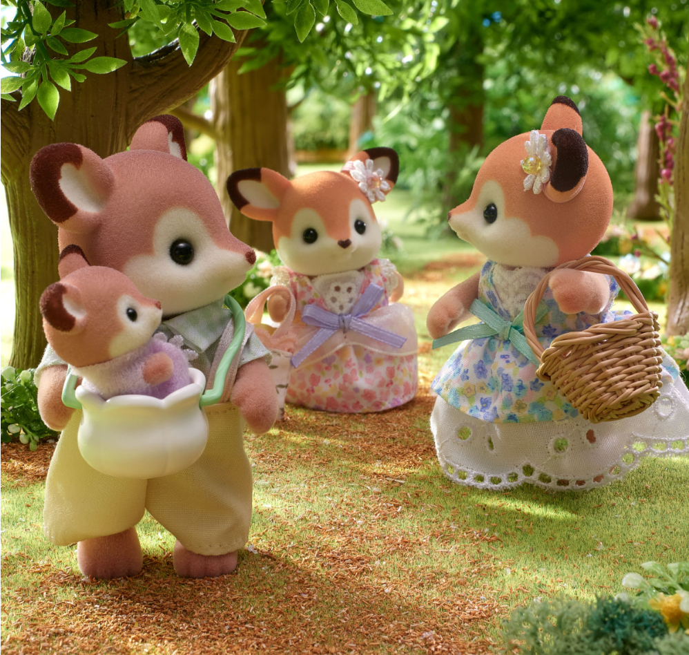 Deer Family set with father, mother, girl, and baby in floral outfits in woodland setting.