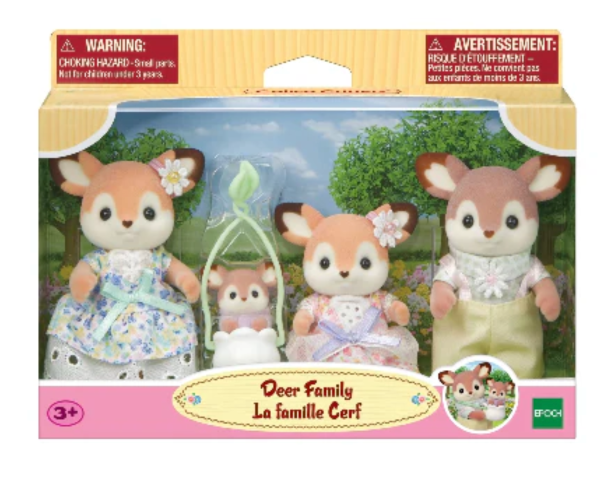 Deer Family set with father, mother, girl, and baby in floral outfits with big ears and flower details.