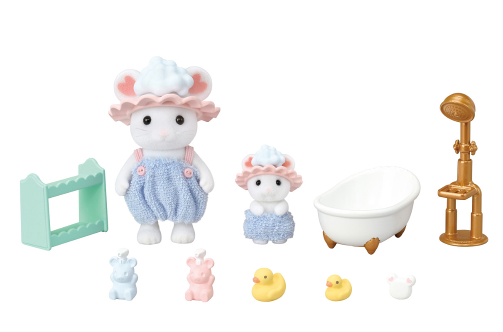 Bathtime Bubble Siblings set with Marshmallow Mouse boy and baby figures, bath, shower, toys, and accessories.