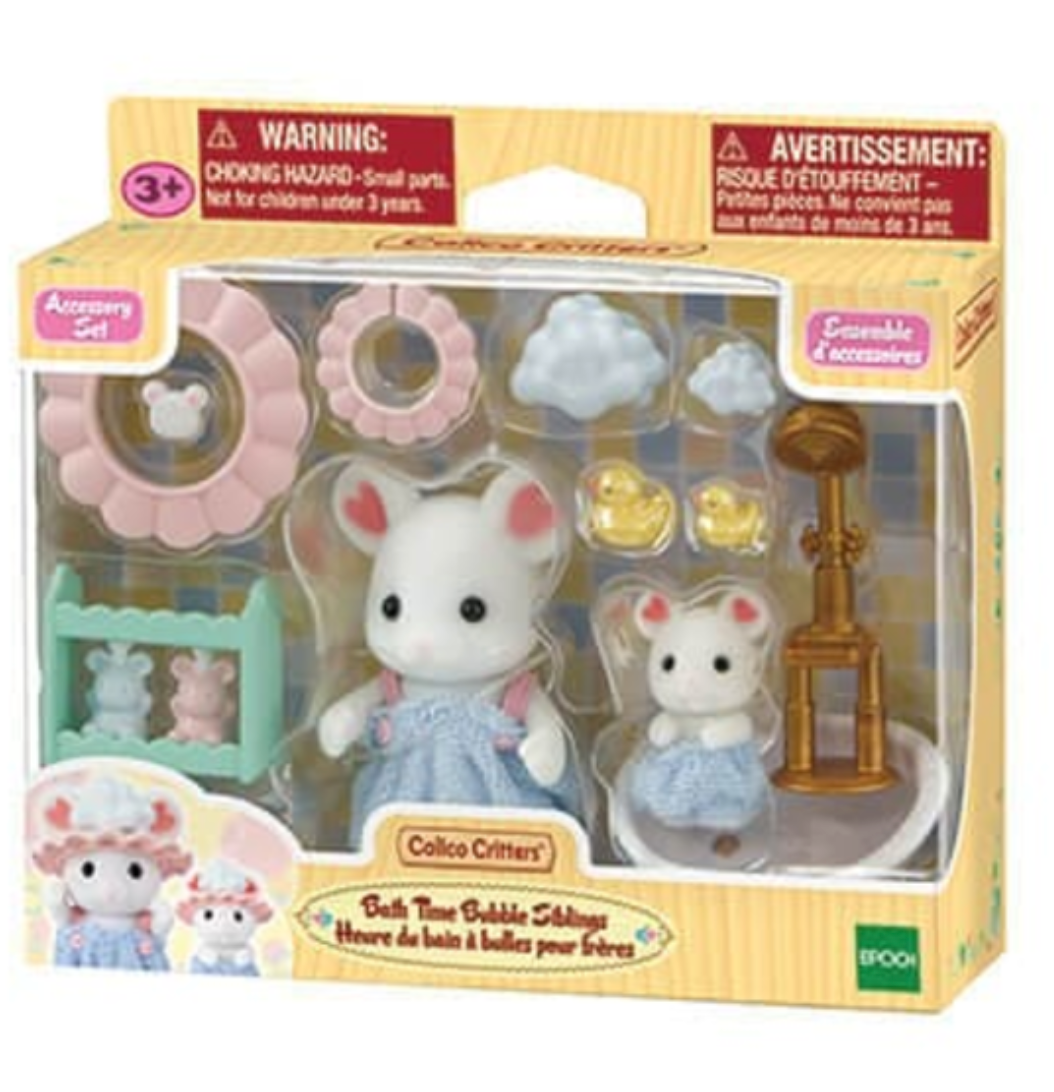 Bathtime Bubble Siblings set with Marshmallow Mouse figures, bath accessories, toys, and shower caps for ages 3+.