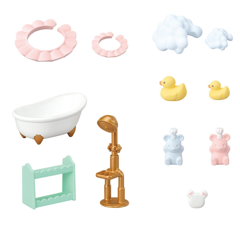 Bathtime Bubble Siblings bath accessories set with shower, tub, soap, shower caps, and bath toys.