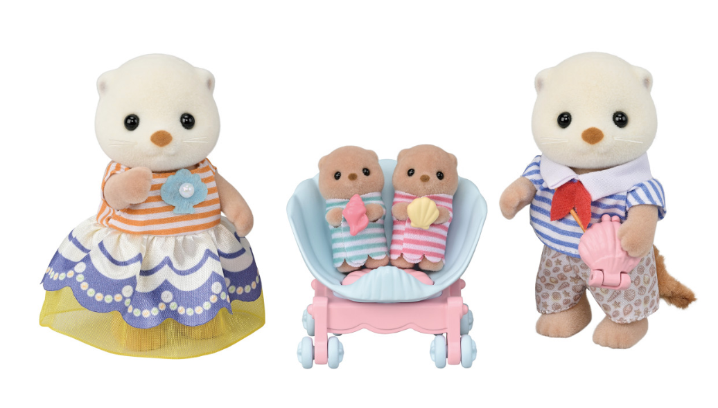 Sea Otter Family with mother, father, and two babies in shell pram, wearing shell-themed outfits, holding shells.