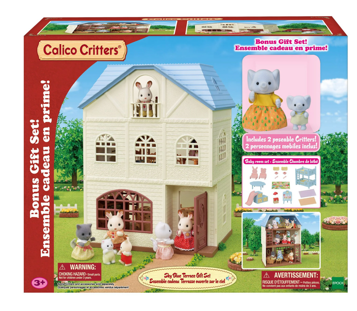 Sky Blue Terrace Gift Set featuring a three-story home and two poseable Bubblebrook Elephant figures with nursery furniture.