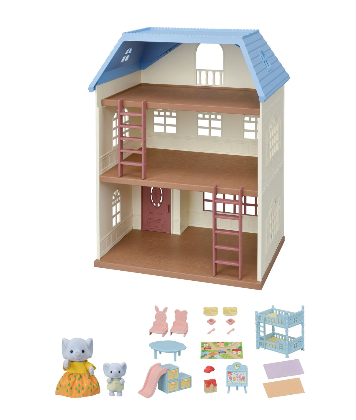 Sky Blue Terrace Gift Set three-story dollhouse with Bubblebrook Elephant figures, nursery furniture, and accessories.