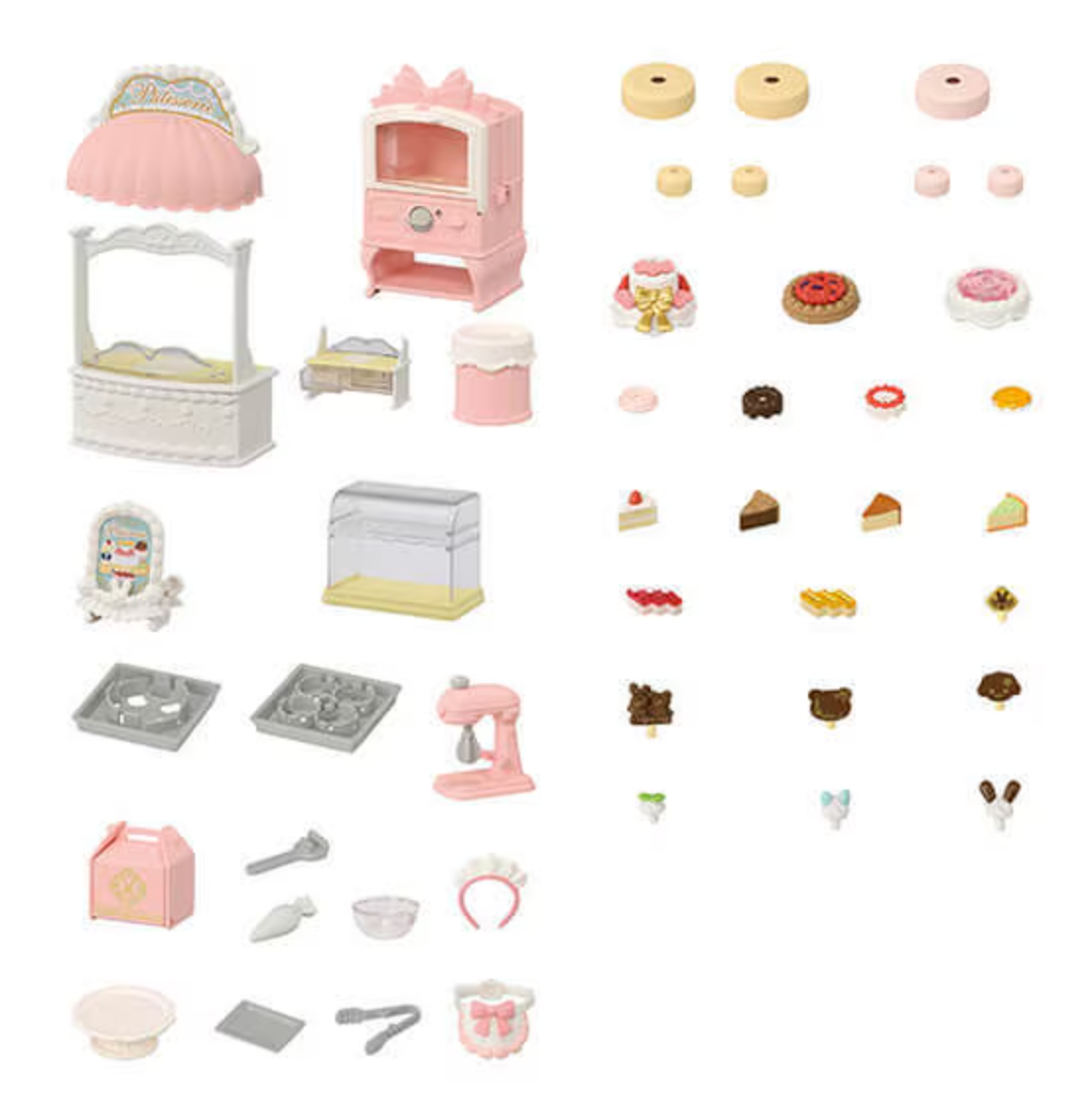 Village Cake Shop playset with oven, display case, cake decorations, and baking accessories for creative pretend play.