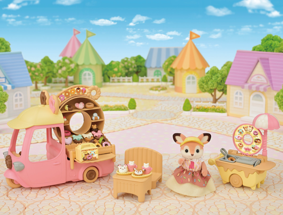 Dip Dip Donuts Wagon toy set with donut delivery truck, fryer, adorable accessories, and Deer mother figure in village playset.