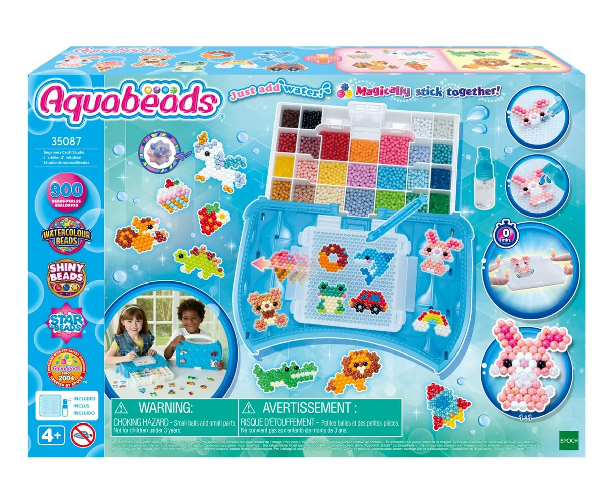 Aquabeads Beginners Craft Studio with over 900 beads, flip tray, sprayer, and bead pen for easy creative play.