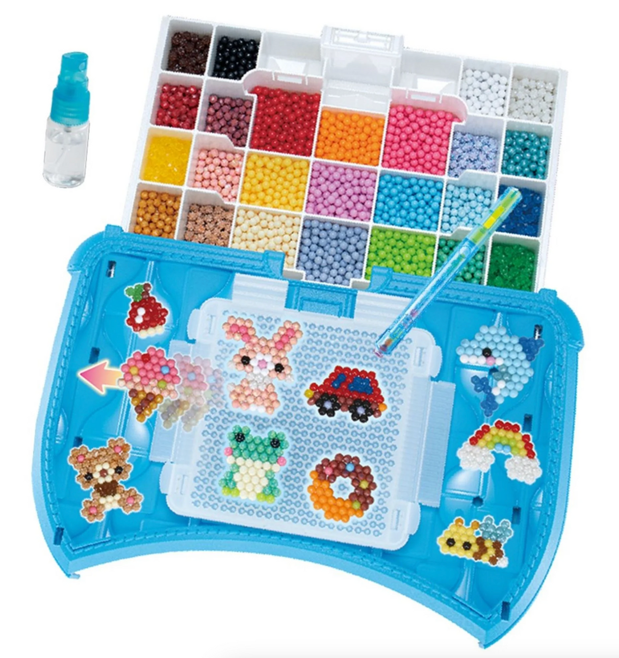 Aquabeads Beginners Craft Studio with colorful beads, flip tray, sprayer, and bead pen for creative kids' designs.