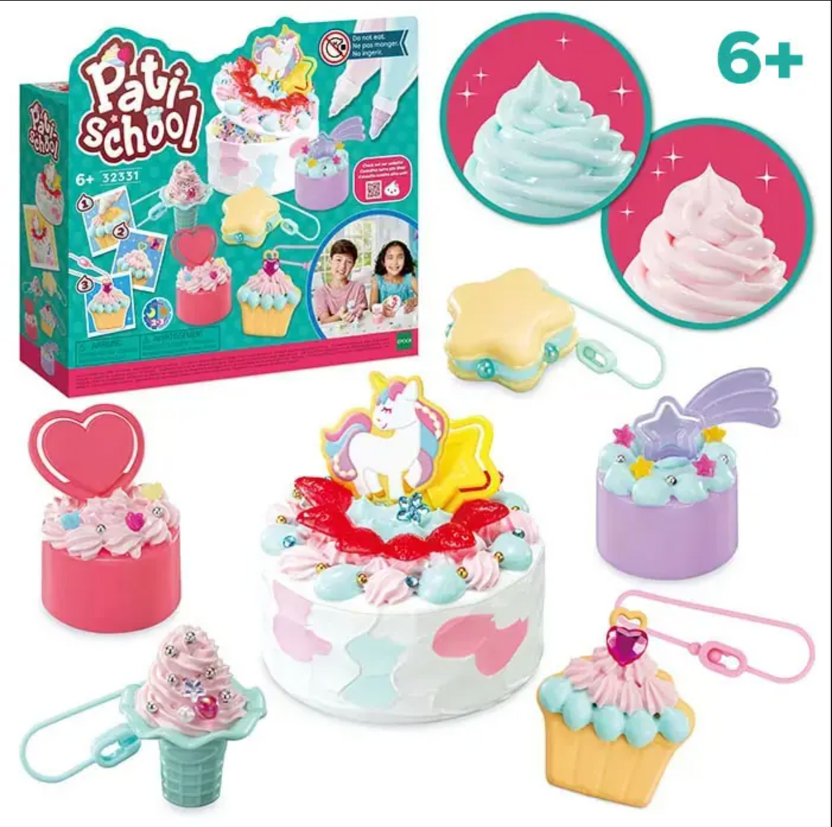 Pati-School Party Creations Set with treat-inspired craft bases and decorative pastel frosting for kids ages 6 and up.