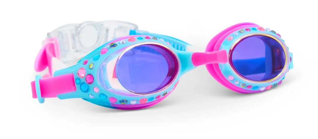 Goggles Glimmering Gem kids' swim goggles in violet and blue with sparkling crystal accents and secure back clip.