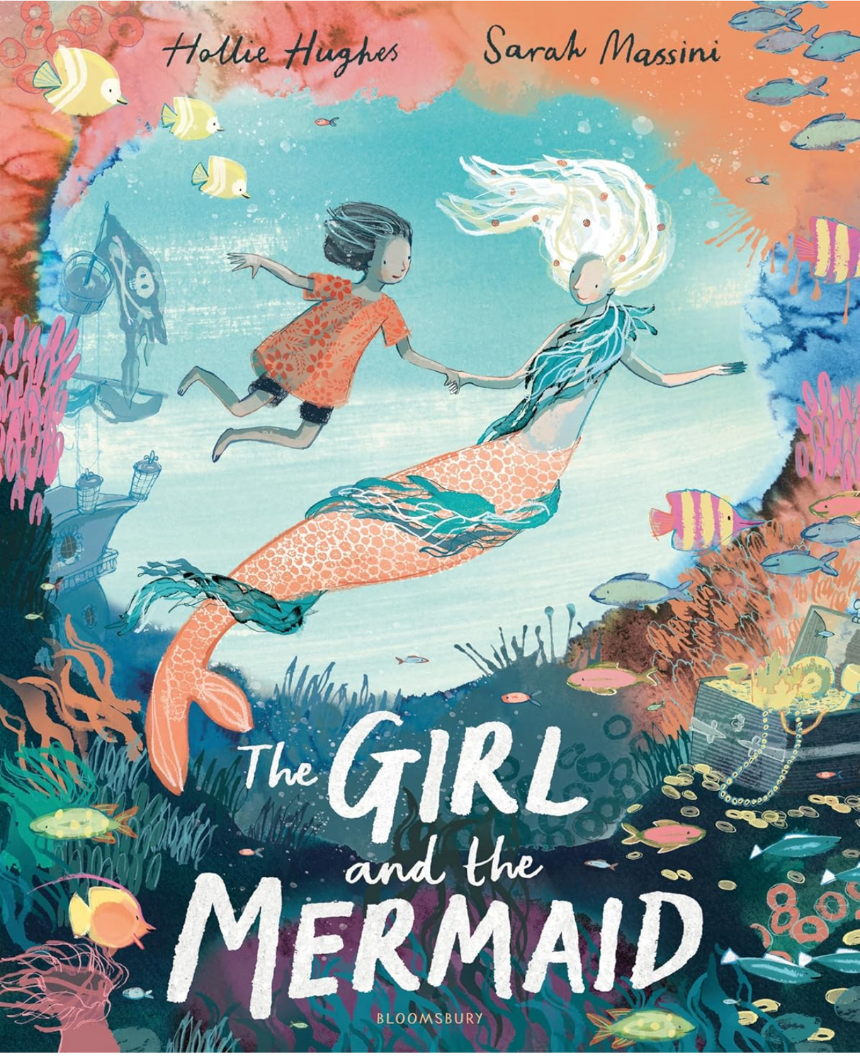 Girl and the Mermaid book cover showing a girl holding hands with a mermaid underwater surrounded by colorful fish.