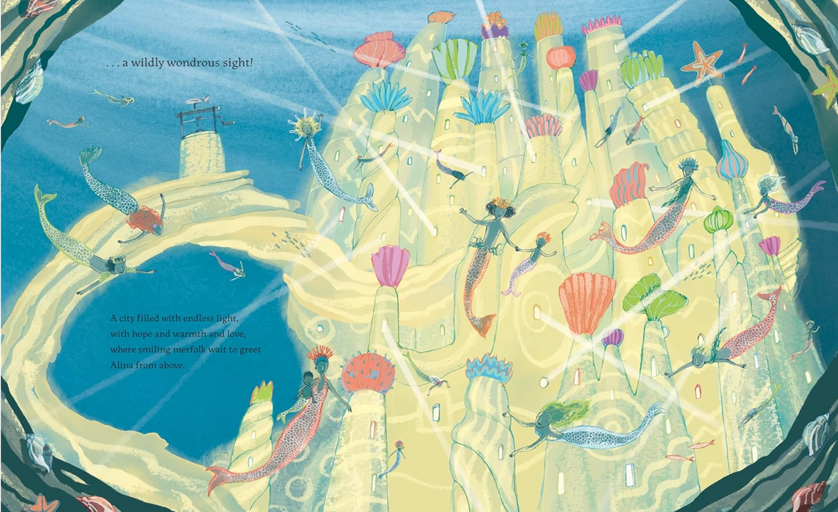 Illustration from Girl and the Mermaid showing an underwater city with mermaids swimming among glowing coral towers.