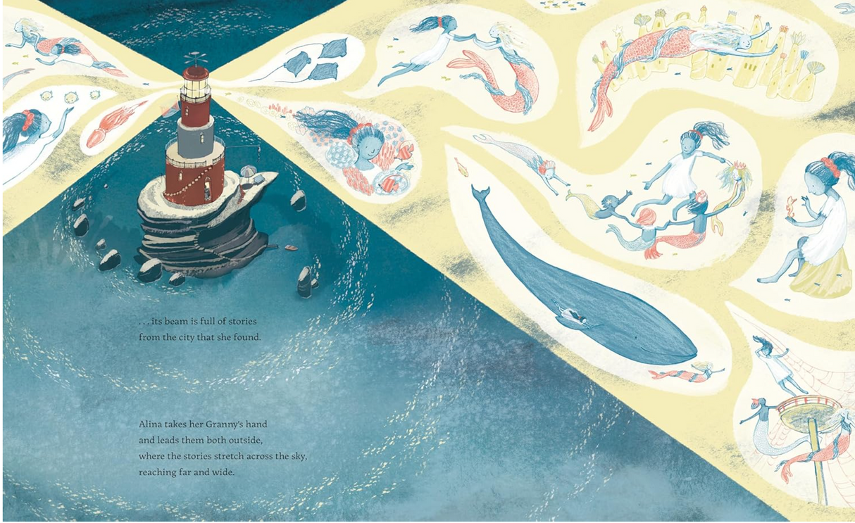 Illustration from Girl and the Mermaid showing a lighthouse by the sea with magical story scenes in the light beams.
